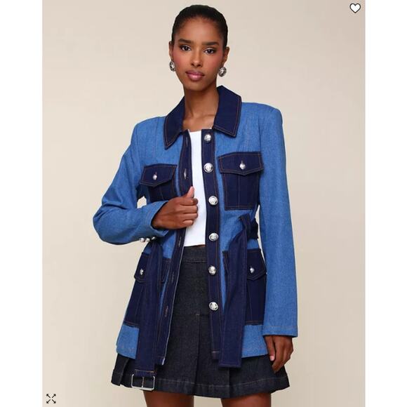 NEW Avec Les Filles Denim Military Jacket Small Blue Jean Cargo Belted Blazer - Picture 13 of 16